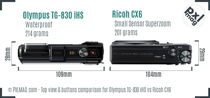 Olympus TG-830 iHS vs Ricoh CX6 top view buttons comparison Olympus TG-830 iHS vs Ricoh CX6 top view buttons comparison