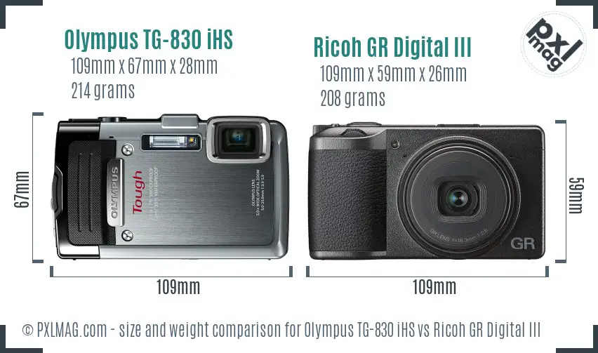 Olympus TG-830 iHS vs Ricoh GR Digital III size comparison Olympus TG-830 iHS vs Ricoh GR Digital III size comparison