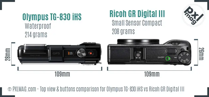 Olympus TG-830 iHS vs Ricoh GR Digital III top view buttons comparison Olympus TG-830 iHS vs Ricoh GR Digital III top view buttons comparison