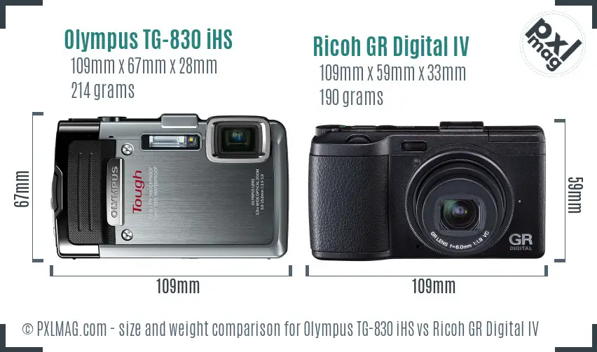 Olympus TG-830 iHS vs Ricoh GR Digital IV size comparison