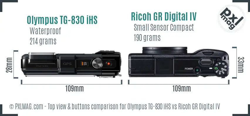 Olympus TG-830 iHS vs Ricoh GR Digital IV top view buttons comparison