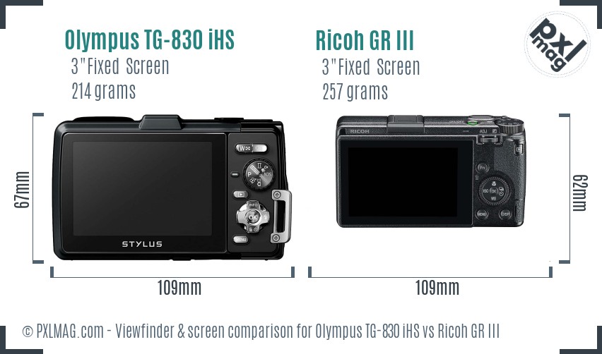Olympus TG-830 iHS vs Ricoh GR III Screen and Viewfinder comparison