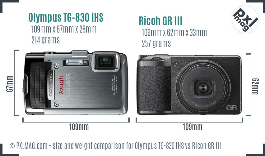 Olympus TG-830 iHS vs Ricoh GR III size comparison