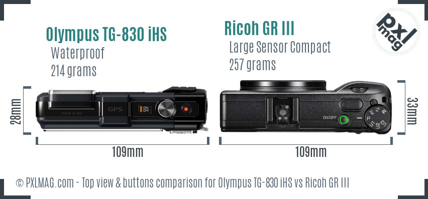 Olympus TG-830 iHS vs Ricoh GR III top view buttons comparison