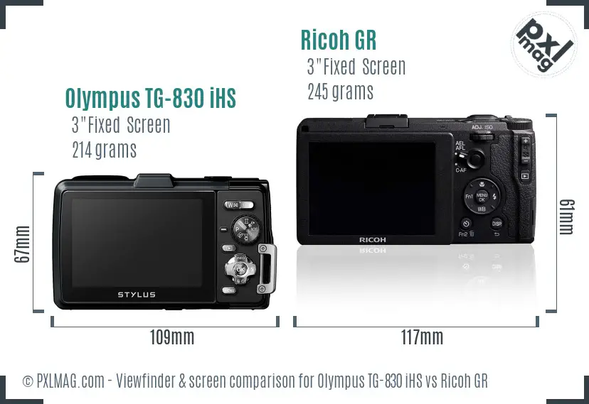 Olympus TG-830 iHS vs Ricoh GR Screen and Viewfinder comparison