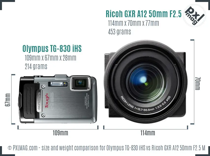Olympus TG-830 iHS vs Ricoh GXR A12 50mm F2.5 Macro size comparison Olympus TG-830 iHS vs Ricoh GXR A12 50mm F2.5 Macro size comparison