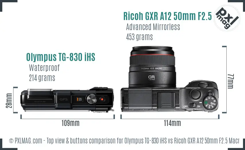 Olympus TG-830 iHS vs Ricoh GXR A12 50mm F2.5 Macro top view buttons comparison Olympus TG-830 iHS vs Ricoh GXR A12 50mm F2.5 Macro top view buttons comparison