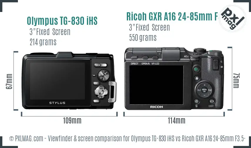 Olympus TG-830 iHS vs Ricoh GXR A16 24-85mm F3.5-5.5 Screen and Viewfinder comparison