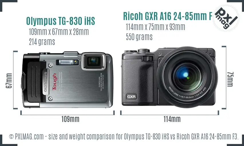 Olympus TG-830 iHS vs Ricoh GXR A16 24-85mm F3.5-5.5 size comparison