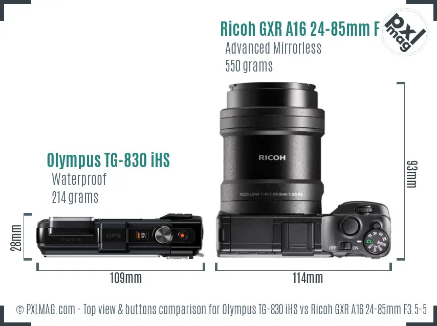 Olympus TG-830 iHS vs Ricoh GXR A16 24-85mm F3.5-5.5 top view buttons comparison