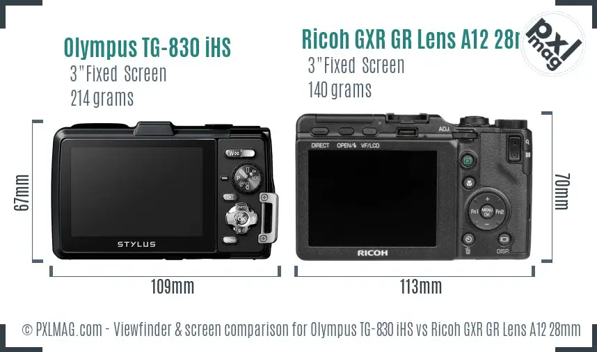 Olympus TG-830 iHS vs Ricoh GXR GR Lens A12 28mm F2.5 Screen and Viewfinder comparison