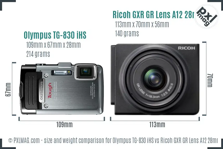 Olympus TG-830 iHS vs Ricoh GXR GR Lens A12 28mm F2.5 size comparison