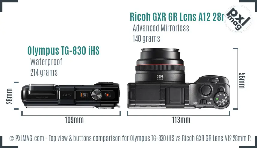 Olympus TG-830 iHS vs Ricoh GXR GR Lens A12 28mm F2.5 top view buttons comparison