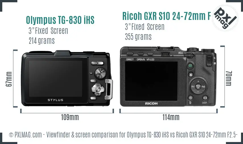 Olympus TG-830 iHS vs Ricoh GXR S10 24-72mm F2.5-4.4 VC Screen and Viewfinder comparison