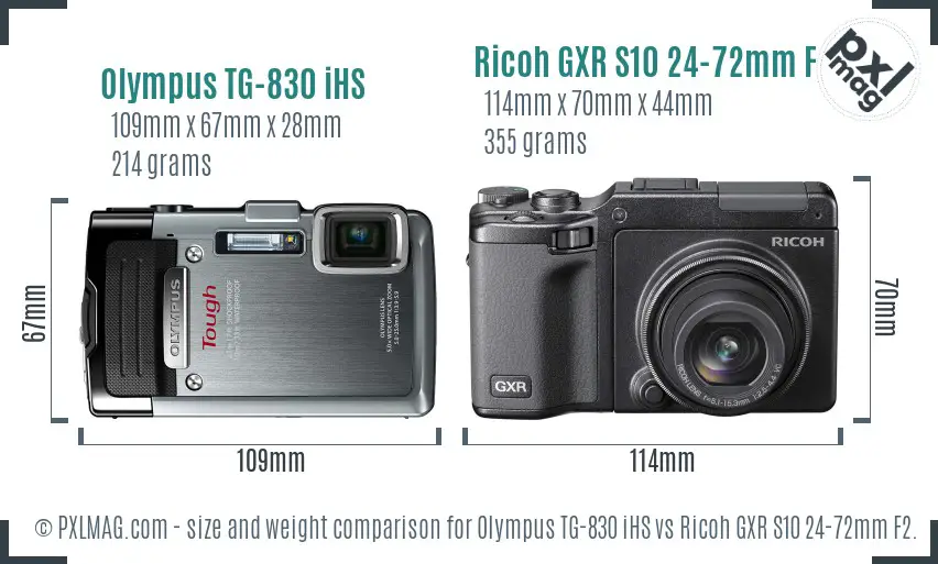 Olympus TG-830 iHS vs Ricoh GXR S10 24-72mm F2.5-4.4 VC size comparison