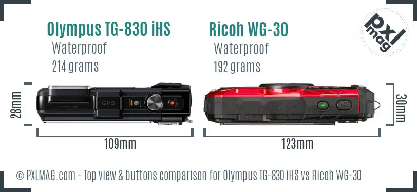 Olympus TG-830 iHS vs Ricoh WG-30 top view buttons comparison Olympus TG-830 iHS vs Ricoh WG-30 top view buttons comparison