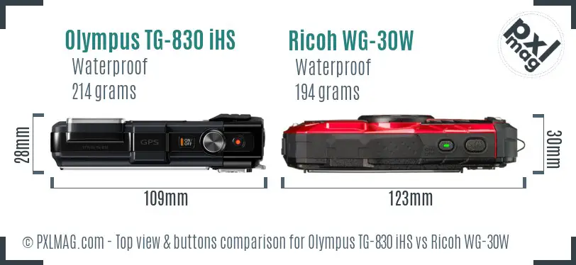 Olympus TG-830 iHS vs Ricoh WG-30W top view buttons comparison