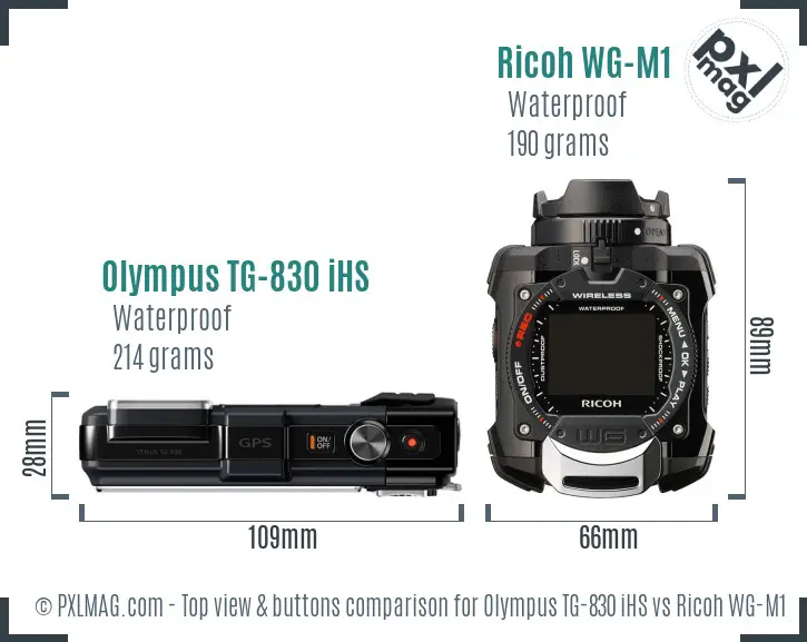 Olympus TG-830 iHS vs Ricoh WG-M1 top view buttons comparison