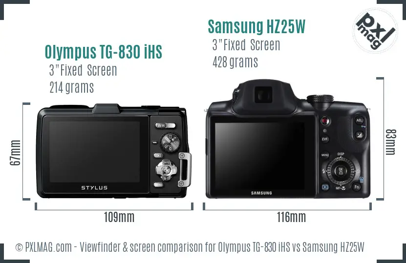Olympus TG-830 iHS vs Samsung HZ25W Screen and Viewfinder comparison
