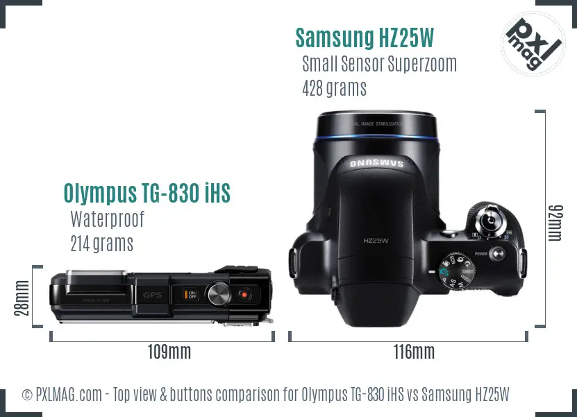 Olympus TG-830 iHS vs Samsung HZ25W top view buttons comparison