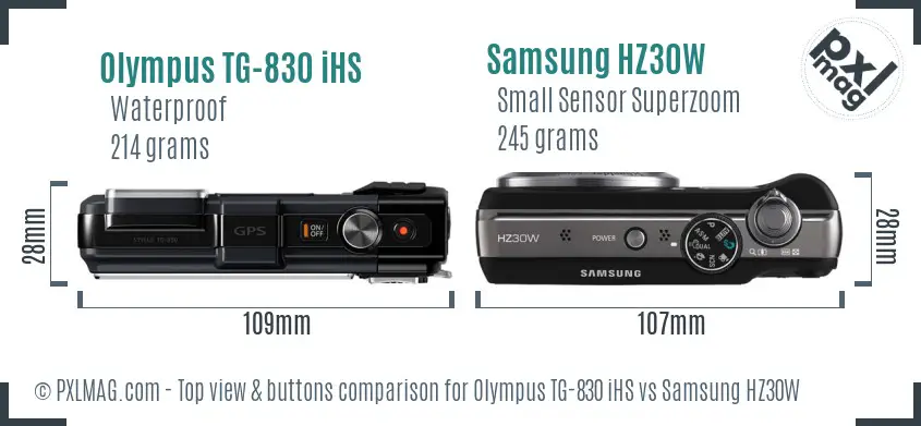 Olympus TG-830 iHS vs Samsung HZ30W top view buttons comparison