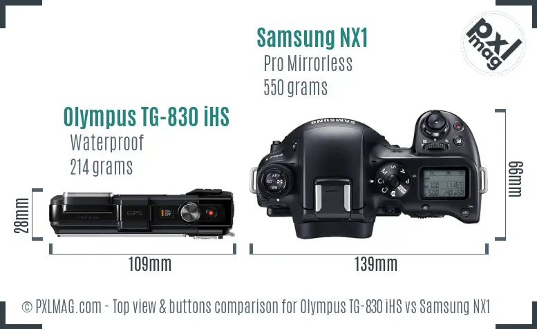 Olympus TG-830 iHS vs Samsung NX1 top view buttons comparison Olympus TG-830 iHS vs Samsung NX1 top view buttons comparison