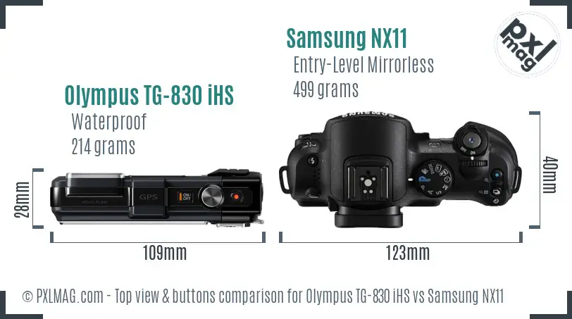Olympus TG-830 iHS vs Samsung NX11 top view buttons comparison Olympus TG-830 iHS vs Samsung NX11 top view buttons comparison