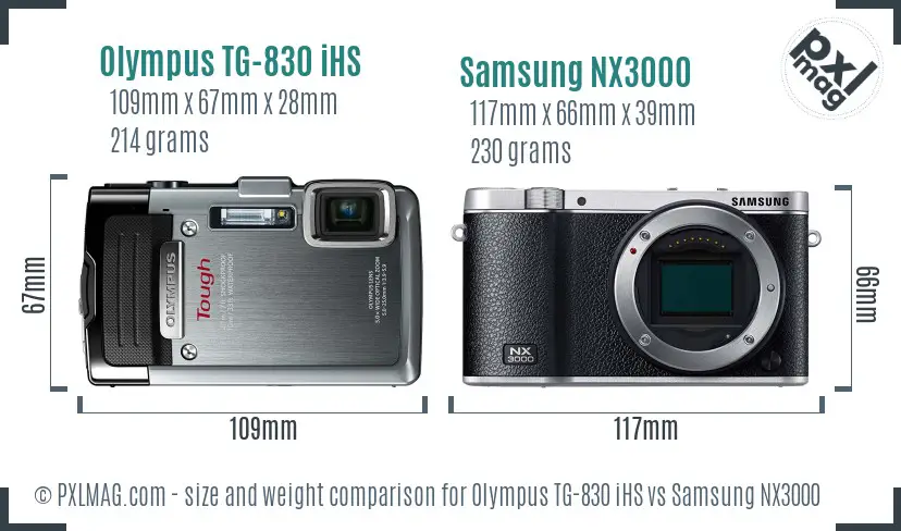 Olympus TG-830 iHS vs Samsung NX3000 size comparison