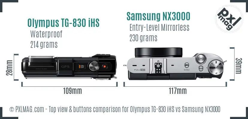 Olympus TG-830 iHS vs Samsung NX3000 top view buttons comparison Olympus TG-830 iHS vs Samsung NX3000 top view buttons comparison
