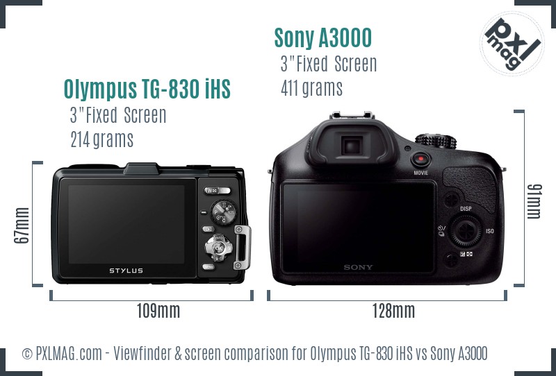Olympus TG-830 iHS vs Sony A3000 Screen and Viewfinder comparison