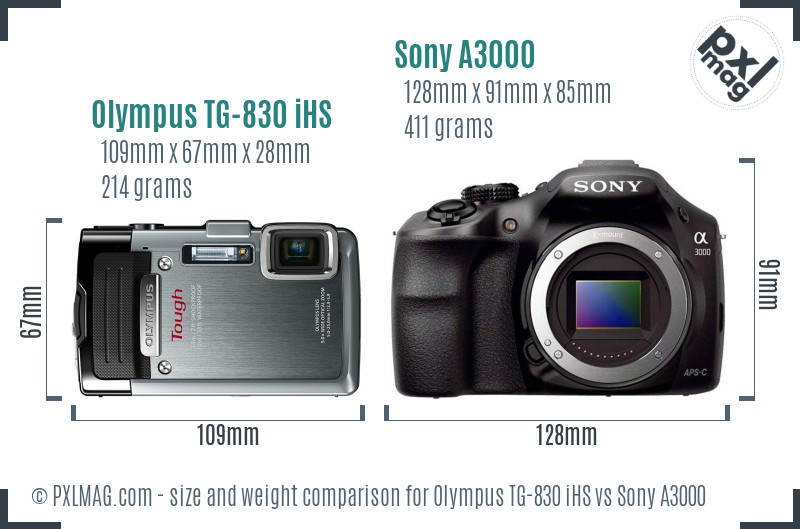 Olympus TG-830 iHS vs Sony A3000 size comparison Olympus TG-830 iHS vs Sony A3000 size comparison
