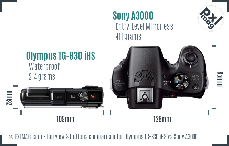 Olympus TG-830 iHS vs Sony A3000 top view buttons comparison