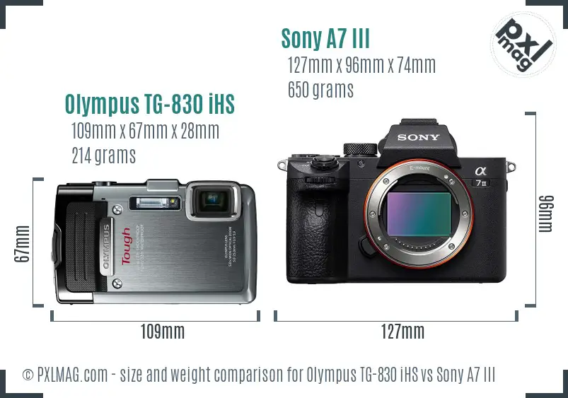 Olympus TG-830 iHS vs Sony A7 III size comparison