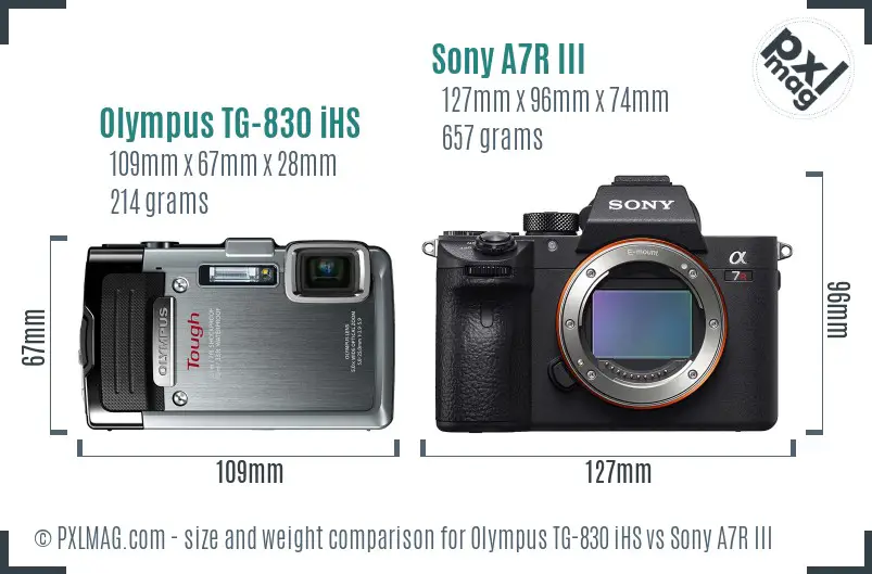 Olympus TG-830 iHS vs Sony A7R III size comparison