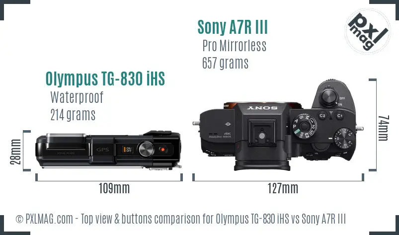 Olympus TG-830 iHS vs Sony A7R III top view buttons comparison