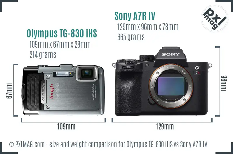 Olympus TG-830 iHS vs Sony A7R IV size comparison