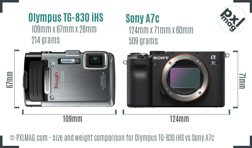 Olympus TG-830 iHS vs Sony A7c size comparison