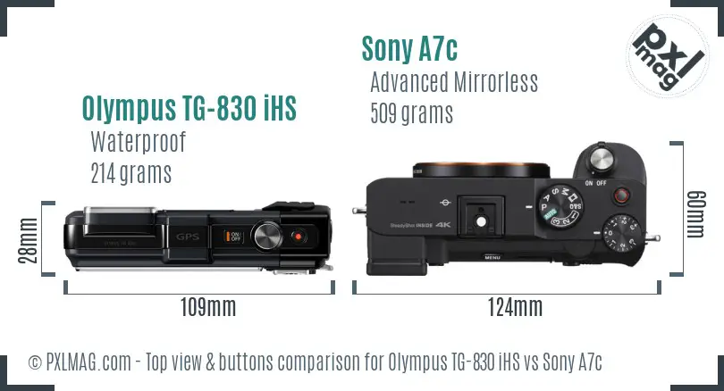Olympus TG-830 iHS vs Sony A7c top view buttons comparison
