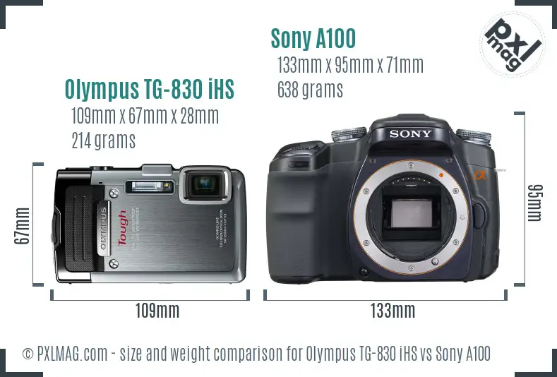 Olympus TG-830 iHS vs Sony A100 size comparison