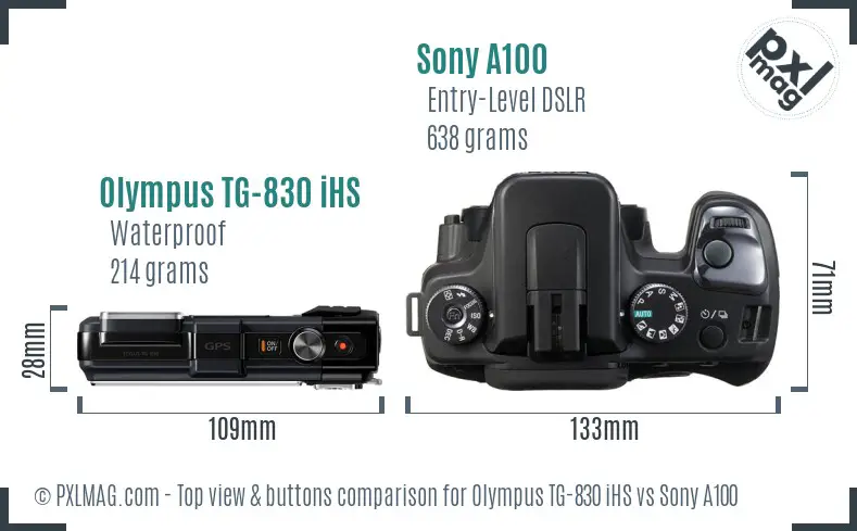 Olympus TG-830 iHS vs Sony A100 top view buttons comparison