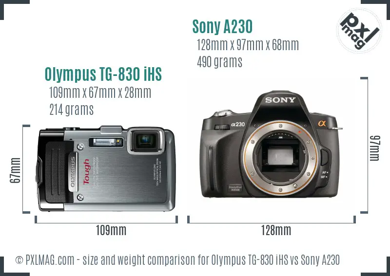 Olympus TG-830 iHS vs Sony A230 size comparison