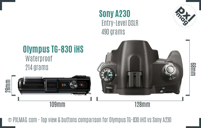 Olympus TG-830 iHS vs Sony A230 top view buttons comparison