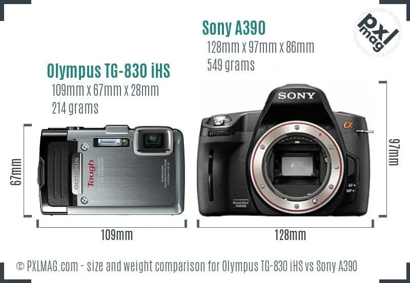 Olympus TG-830 iHS vs Sony A390 size comparison