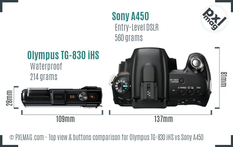 Olympus TG-830 iHS vs Sony A450 top view buttons comparison
