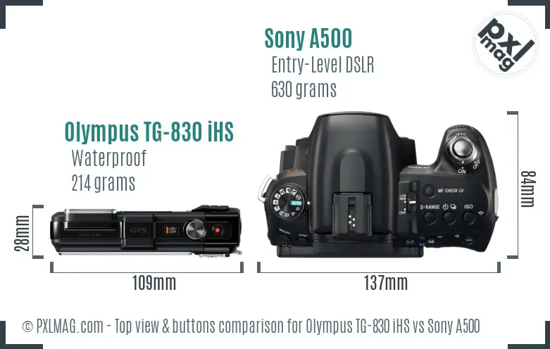 Olympus TG-830 iHS vs Sony A500 top view buttons comparison