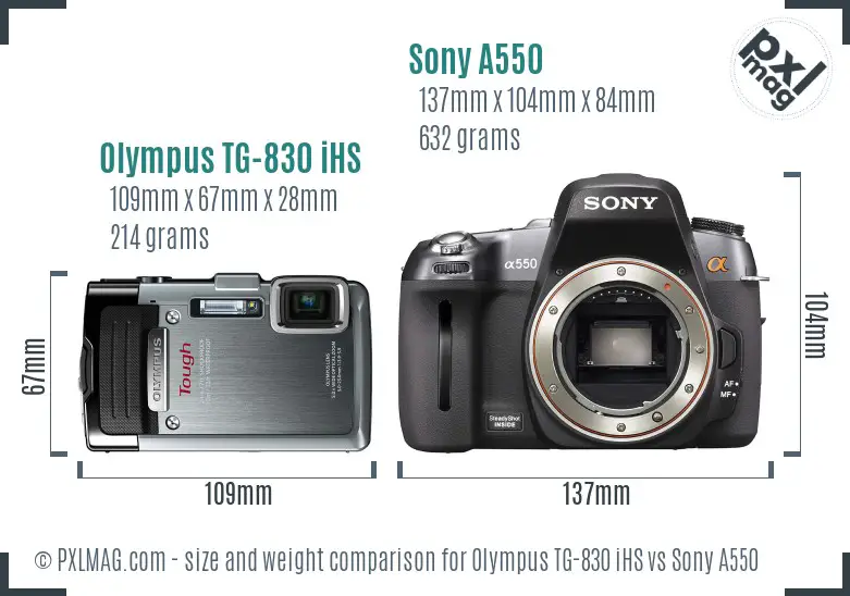Olympus TG-830 iHS vs Sony A550 size comparison