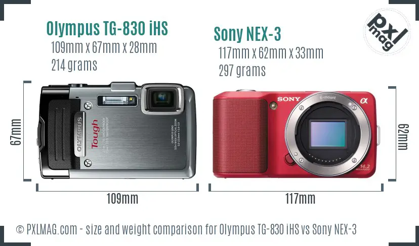 Olympus TG-830 iHS vs Sony NEX-3 size comparison