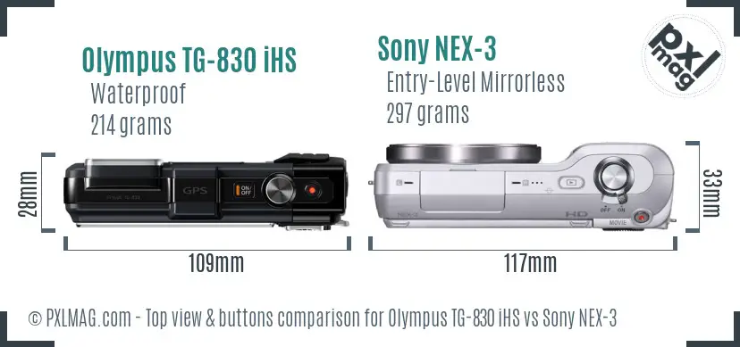 Olympus TG-830 iHS vs Sony NEX-3 top view buttons comparison