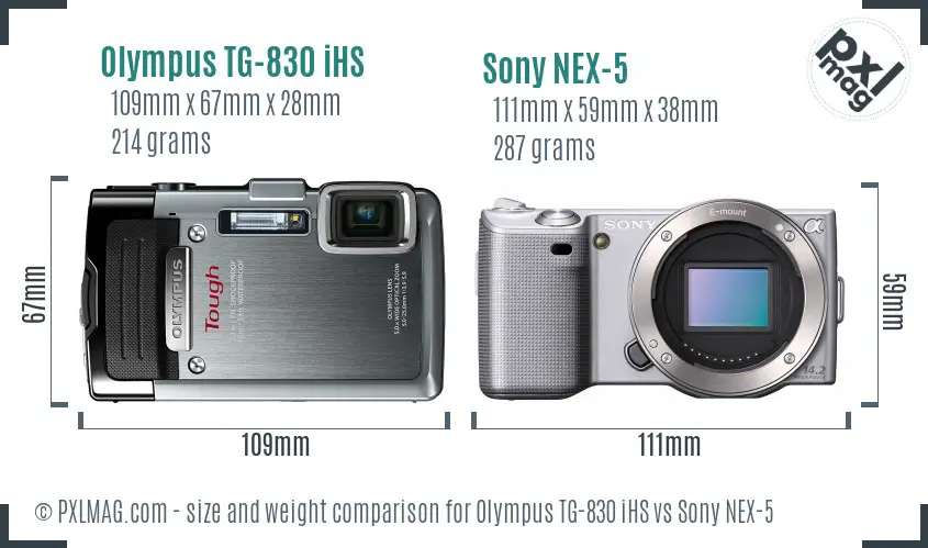 Olympus TG-830 iHS vs Sony NEX-5 size comparison