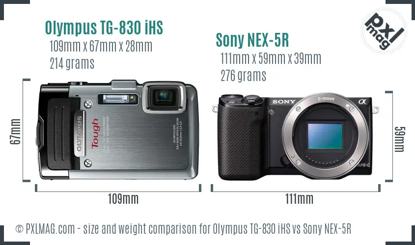 Olympus TG-830 iHS vs Sony NEX-5R size comparison